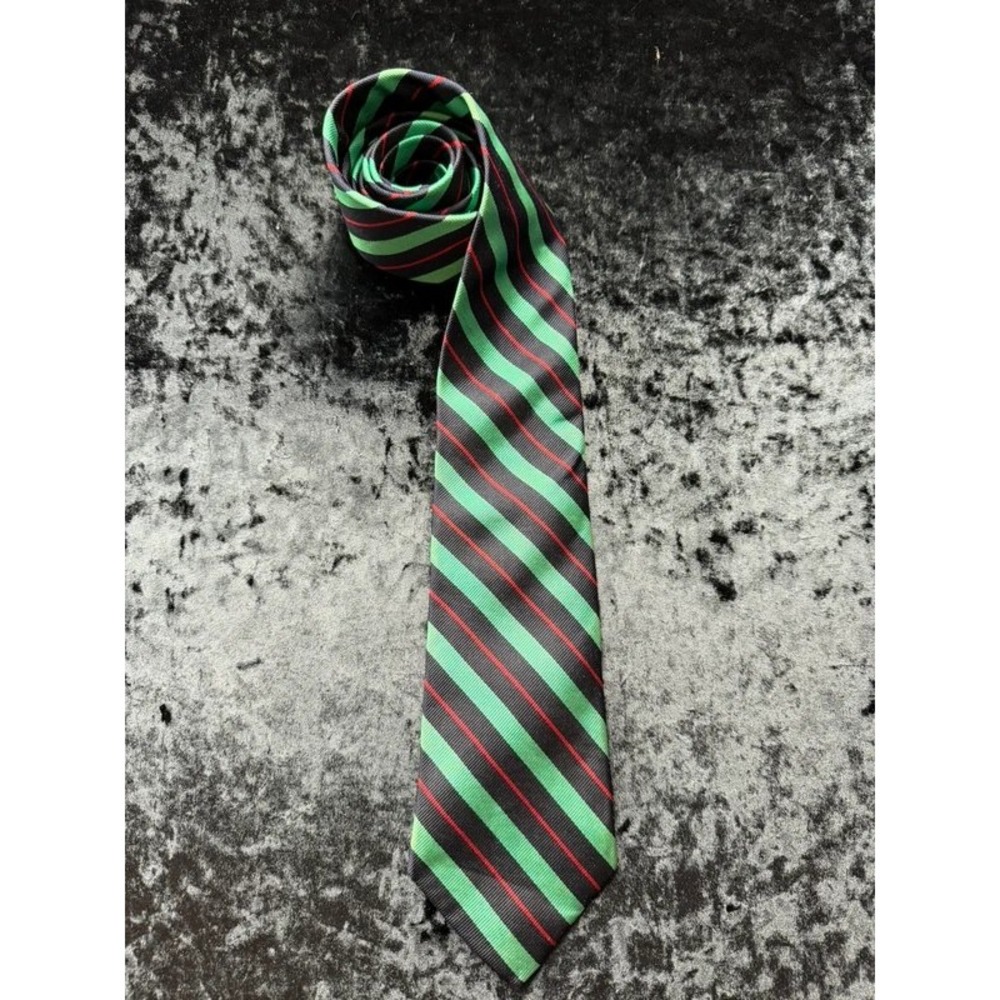 The Common Market Tie 100% Silk Handmade Green Black Red Stripe 3.25"